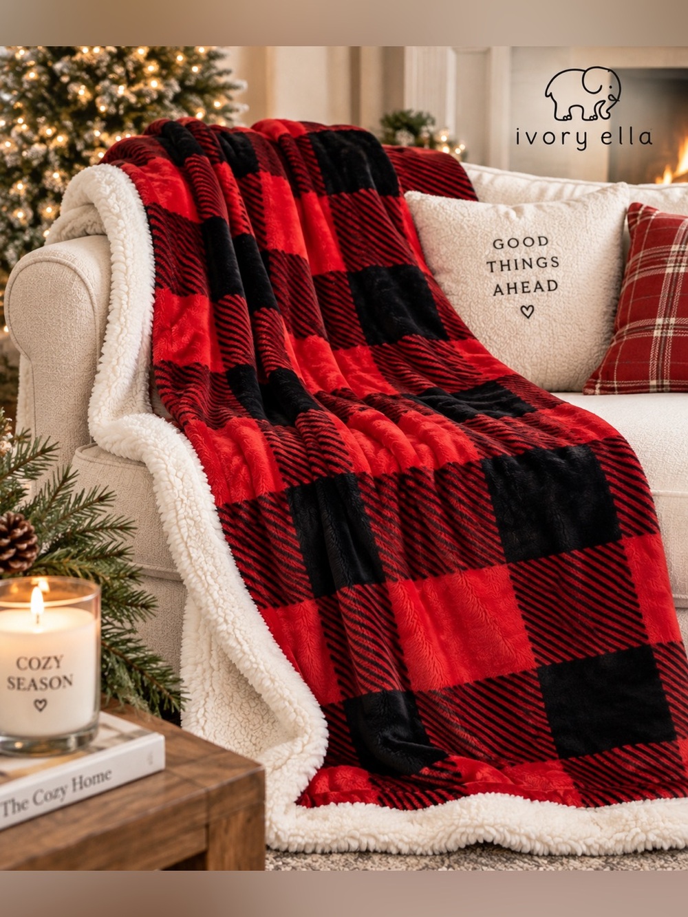 Ivory Ella Buffalo Plaid Sherpa Throw Blanket Red Black Christmas NWT